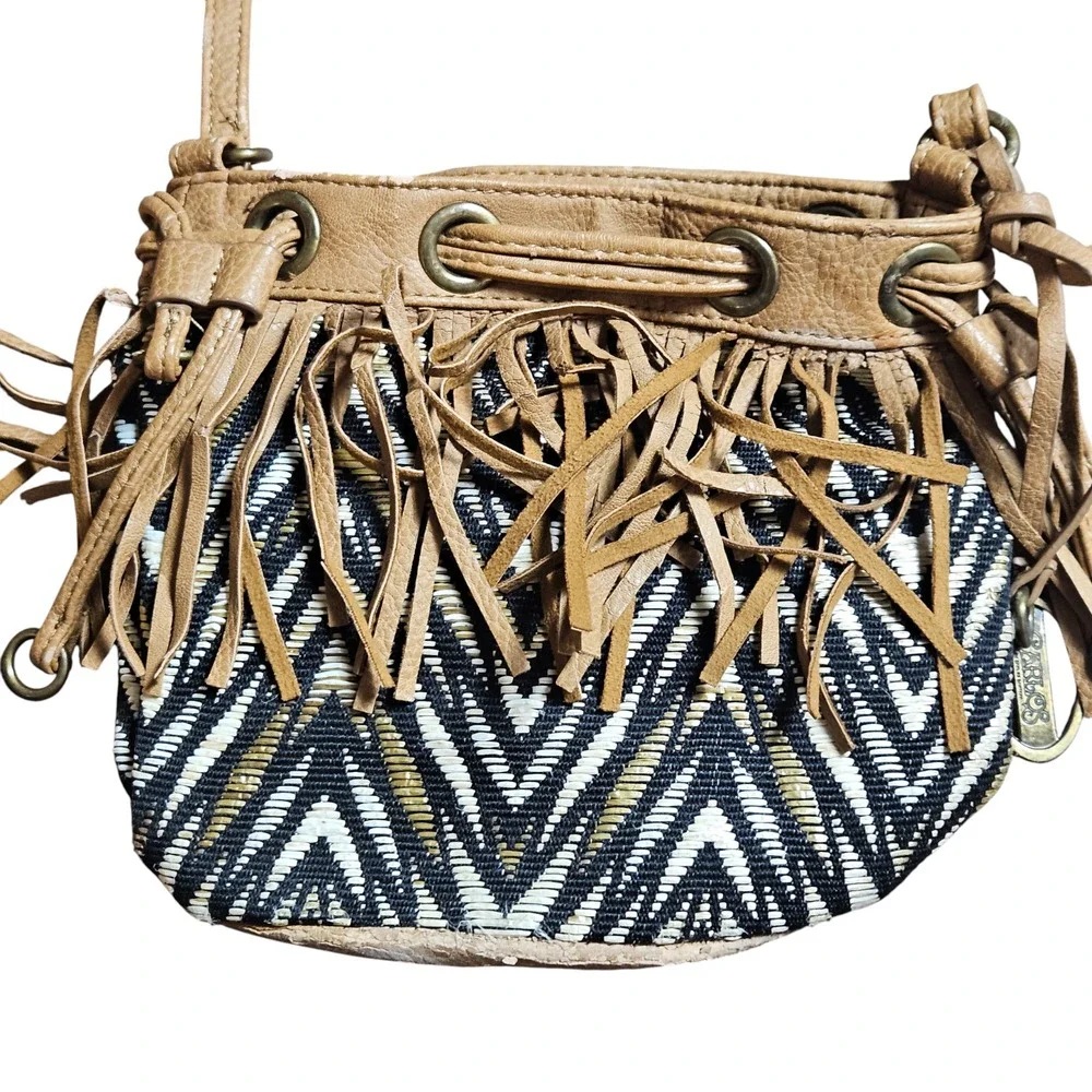 Carlos Santana Fringe Bucket Crossbody‎ Bag Metal Logo Boho Festival Hippie